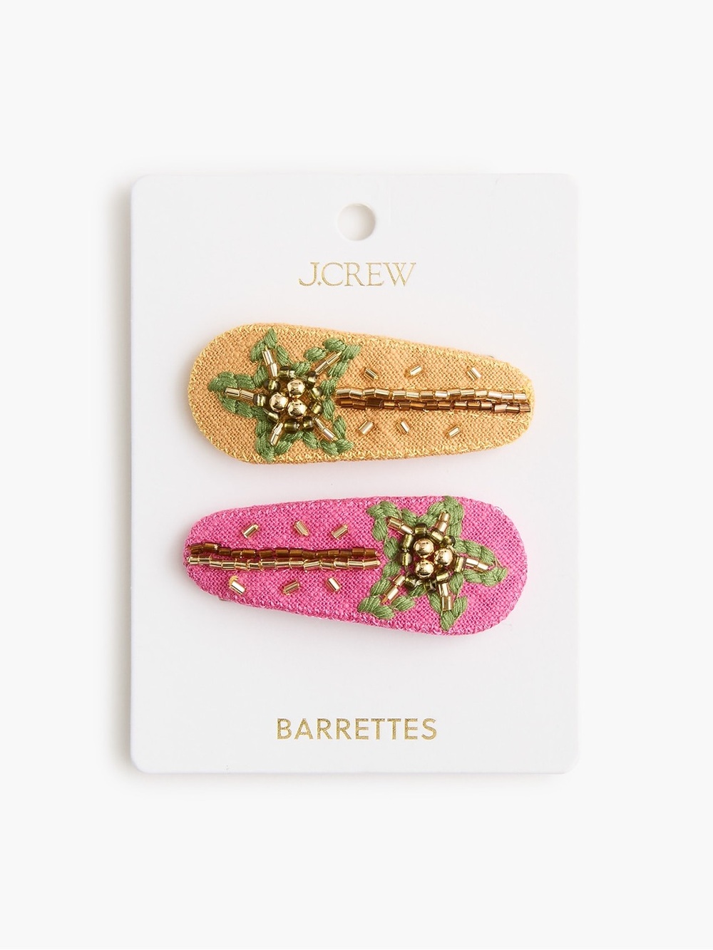 $40 NWT J. Crew Yellow Pink Embroidered Beaded Palm Tree Barrettes Hair Clips